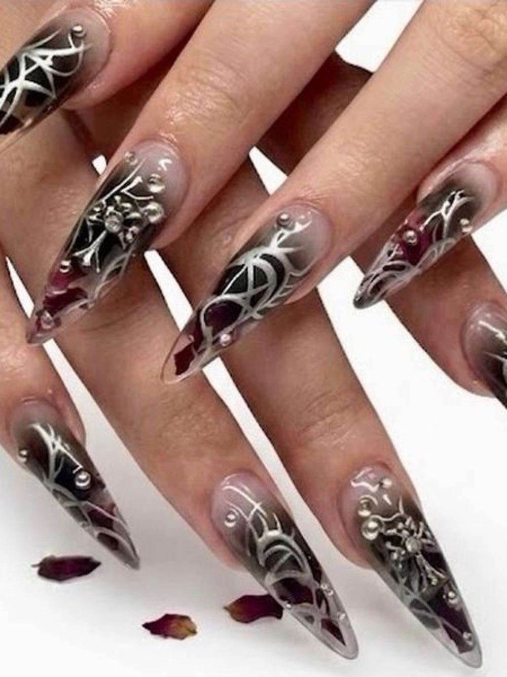 Stiletto Acrylic Nails — Black & Deep Burgundy Ombre with White Art